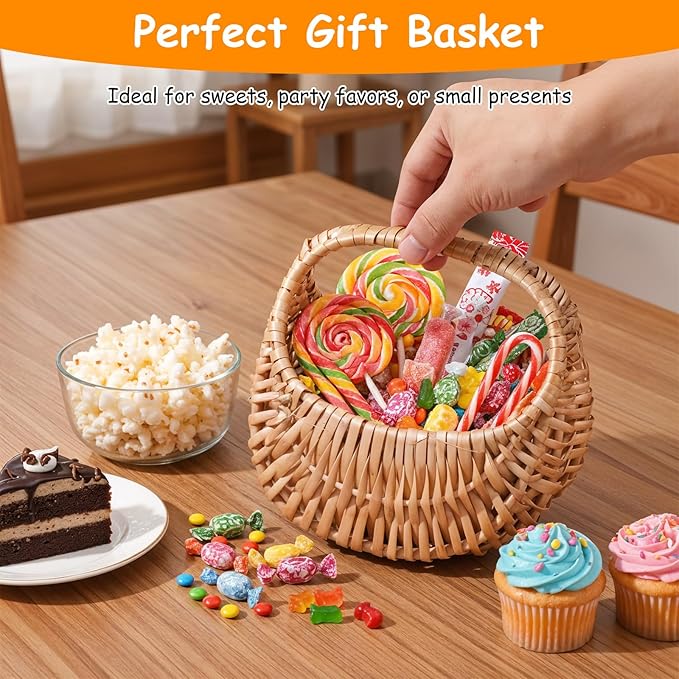3 Pack Small Flower Girl Baskets with Handles - Mini Rattan Wicker Baskets with Plastic Lining for Wedding Petals, Home Decor, Picnic, Gift, Party Favors (Brown)