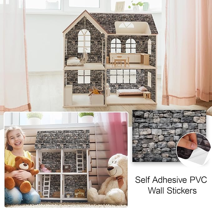 35 Pcs Miniature Dollhouse Wallpaper Self-Adhesive Mini DIY Floorboards Wall Paper Real Life DIY Decoration for Dollhouse (Brick Gray)