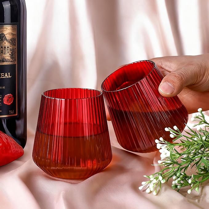 Lueumxc 40 Pack Plastic Ribbed Wine Glasses, 14Oz Origami Disposable Wine Glasses Unbreakable Clear Plastic Cocktail Glasses Recyclable Shatterproof Reusable Wine Cups (14oz-red-40pack)