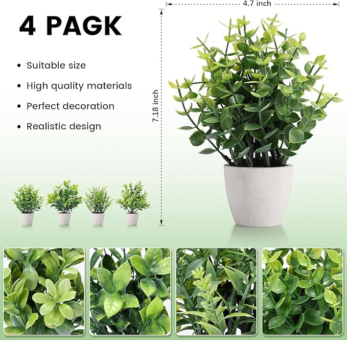 FAVOWREATH 4 Pack Fake Plants Ceramic Mini Artificial Greenery Potted Plants for Home Decor Office Decor Room Decor Farmhouse Decor Indoor Table Bathroom Decor
