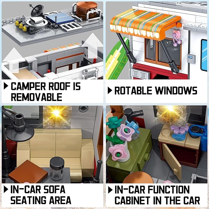 Camping Van Construction Toy 924 Pieces Building Block Set with Picnic Table Grill & Fire Scene Gift for Kids Teens & Vehicle Fans