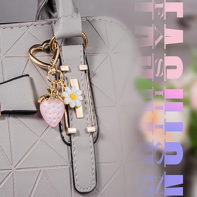 Wikavanli Cute Strawberry Keychain,Bag Charms,Kawaii Heart Flower Daisy Key chains Accessories Decor for Women Girls Purse