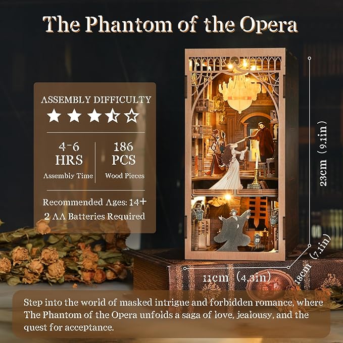 Book Nook Kit, DIY Miniature Dollhouse Booknook Kit, 3D Wooden Puzzle Bookend Bookshelf Insert Decor with LED Light for Teens and Adults (Phantom of The Opera)