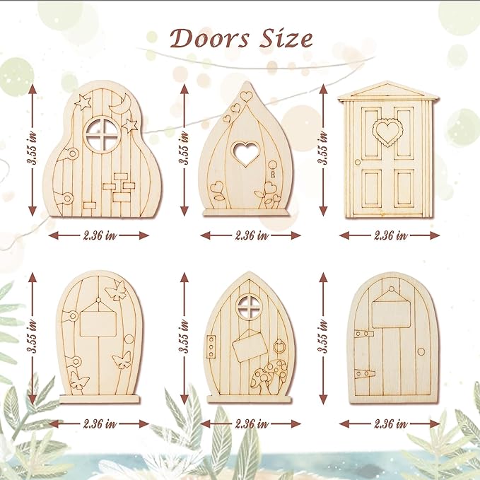 Halandar 56 Pcs Fairy Door & Window Craft Kit - Wooden Garden Doors, Mini Fences, Unpainted Miniature Accessories for Home Party Event Decor - DIY Fairy House Decorations (Classic)