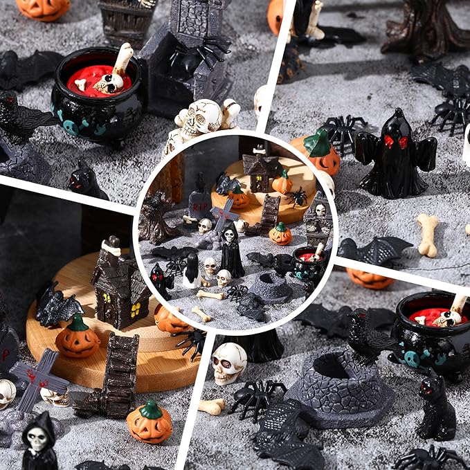 58 Pcs Halloween Mini Figurines Set, Plastic Mini Resin Halloween Miniature Landscape Ornaments Decorations for Dollhouse Accessories Garden Village Collections (Bat)