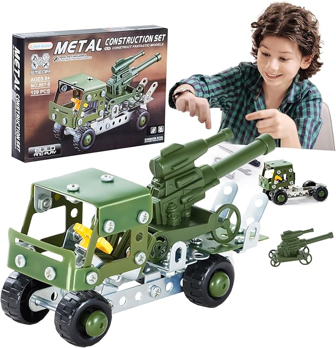 Military Truck STEM Building Toy Set for Boys Age 8-12 - 129pcs Metal Army Toys Model Car Kits Set - 8-10 Stem Projects Vehicles,Engineering STEM Kits or Kids 6-8 for Kids