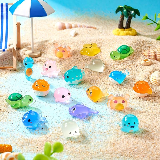 Beadthoven 28pcs Luminous Mini Resin Sea Animals Figures, Fish Crab Star Turtle Figurine Glow in The Dark Miniature Ocean Animal Ornaments for Fish Tank Potted Garden Decoration DIY Micro Landscape