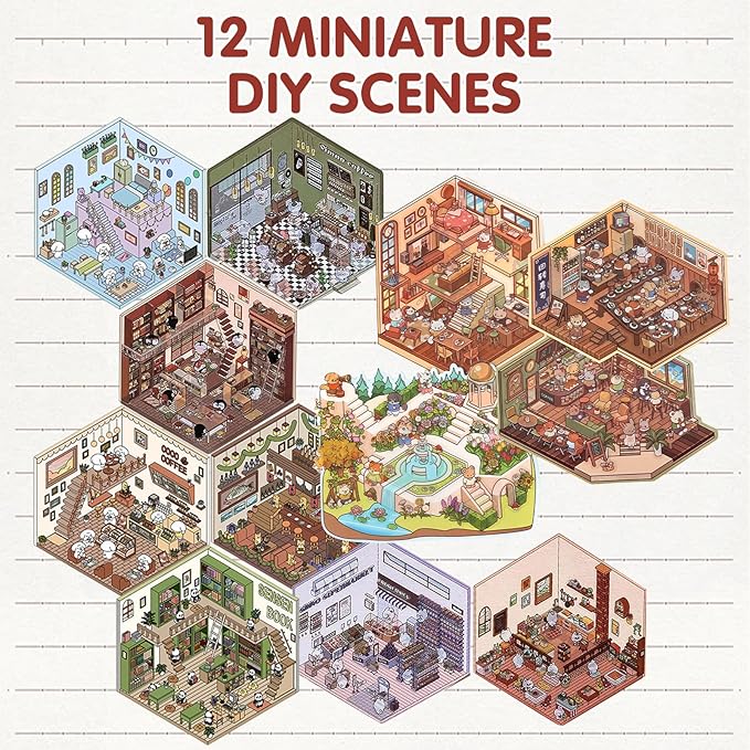 DIY 3D House Stickers, Cartoon 3D Miniature Scene Stickers for Adults Kids to Make Your Own Mini Room Scenes (Set 1)