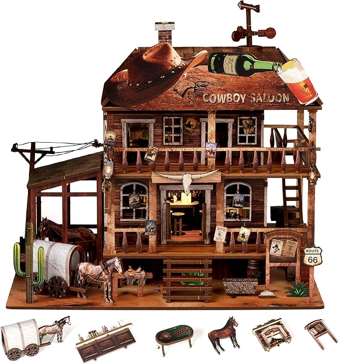 Cowboy Saloon Miniature Kit - DIY Miniature House Kit for Adults, Teens, Dollhouse Booknook Bookshelf Insert Decor with LED Light, 3D Wooden Puzzle Gifts for Family, Friends
