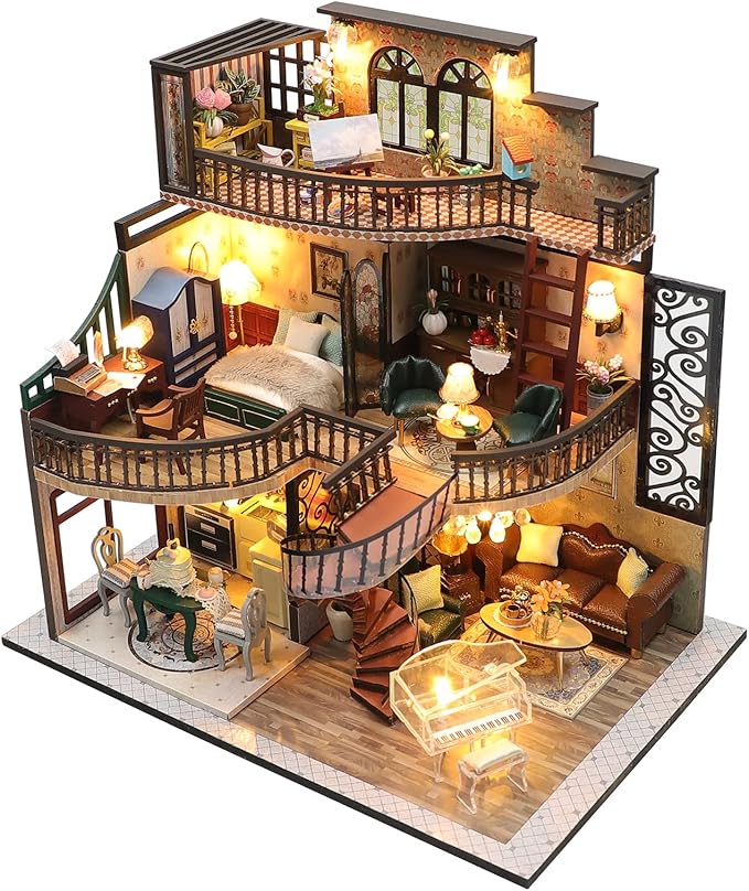CUTEROOM DIY Miniature House Kit, DIY Miniature Dollhouse Kit with Funiture LED Lights & Music Box, Creative Room for Adult Valentine's Christmas Day Gift - Dream Buliding Pavilion