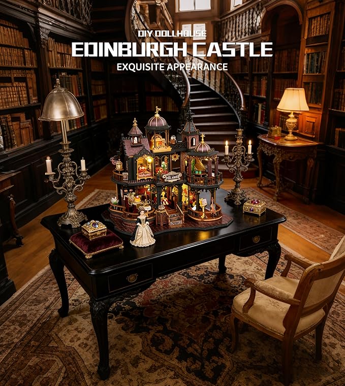DIY Doll House, Edinburgh Castle Miniature House Kit 3D Wooden Puzzle with LED Lights and Music Box, House Building Kit for Home Decoration and Creative Gift for Adults & Teens