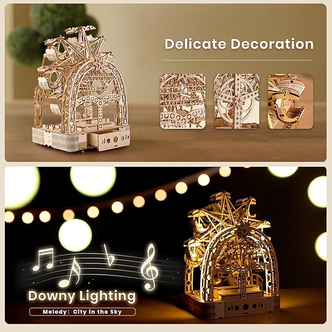 3D Wooden Puzzles for Adults: 3D Puzzle Light-Up Ferris Wheel with Music Box - 222psc Wooden Puzzles Model Building Kits Fun Gifts for Adult with Storage Box - Hobbies for Men Women（Large）