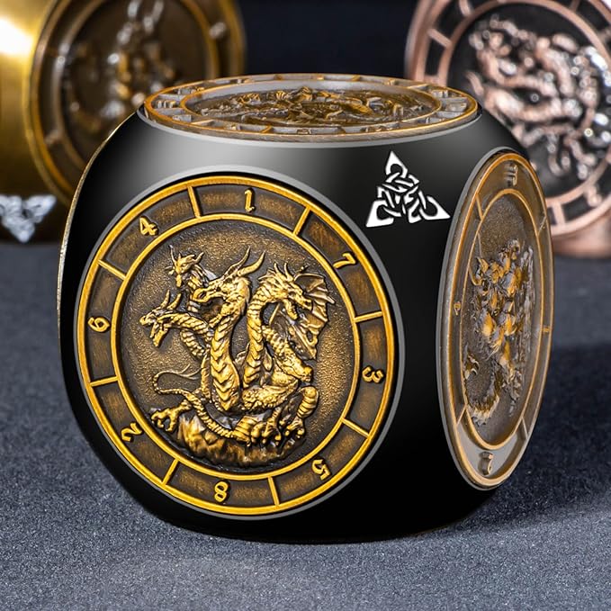 7 in 1 Unique Spinner DND Dice Set D&D, Metal Cube D and D Dice with Gift Box, Dungeons Dragons Role Playing Dice, Black Gold