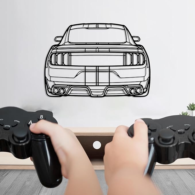 DecoSoul Mustang Metal Car Wall Art, Sports Car, Automotive Silhouette Line Decoration, Minimalist Sculpture for Garage, Indoor Outdoor Wall Hanging, Gift for Boyfriend (Black - 20 x 5.5” inch)