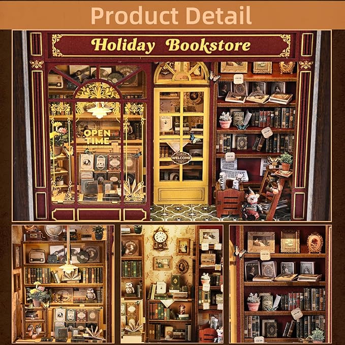 Book Nook Kit-3D Wooden Puzzle with LED Switch Control & Wall-Mountable Frame,DIY Miniature House for Beginners,Bookshelf/Tabletop/Wall Decor for Craft Lovers,Dollhouse Gift,Holiday Bookstore