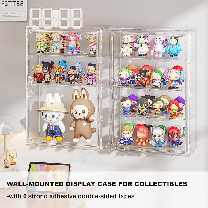 Clear 4 Tiers Acrylic Display Case for Figures Collectibles Wall Mounted Hobby Figurine Display Case with Shelves, Display Shelf Storage Box for Labubu Action Figures, Car Model, XXL, 2 Pack