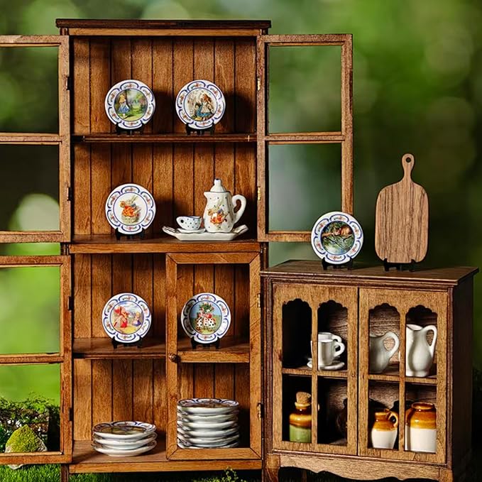 6PCS Handcrafted Miniature Ceramic Plates in 1:12 or 1:6 Scale, Vintage Porcelain Playhouse Dishes (Alice, 3CM)