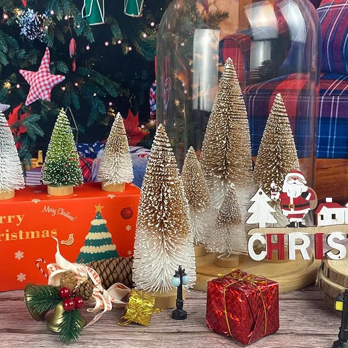 Mini Christmas Tree Bottle Brush Christmas Trees Decor for Christmas Decorations Wooden Bases (Orange and White)