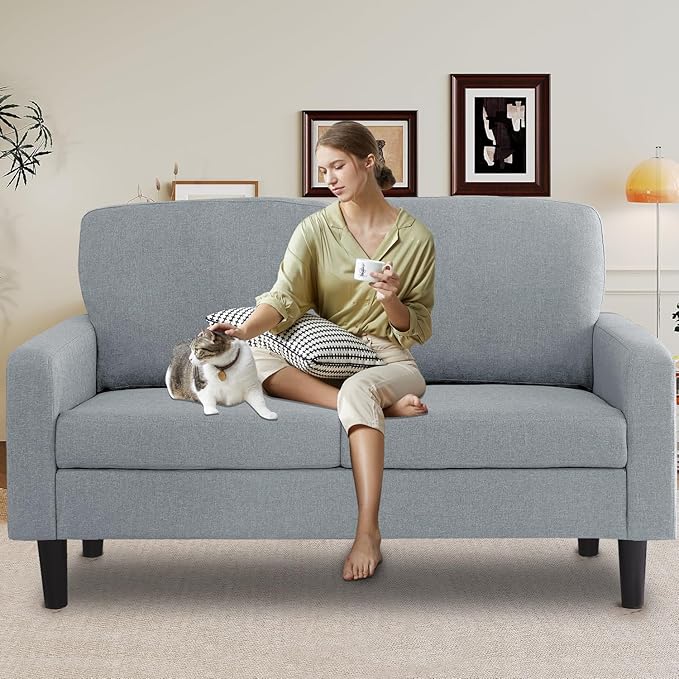 asunflower Small Loveseat Sofa 52Inch Couch for Small Spaces, Comfy Linen Fabric 2 Seater Sofa Office Couch Tool-Free Assembly Love Seats for Bedroom,Drom Room,Kid's Room,Light Grey
