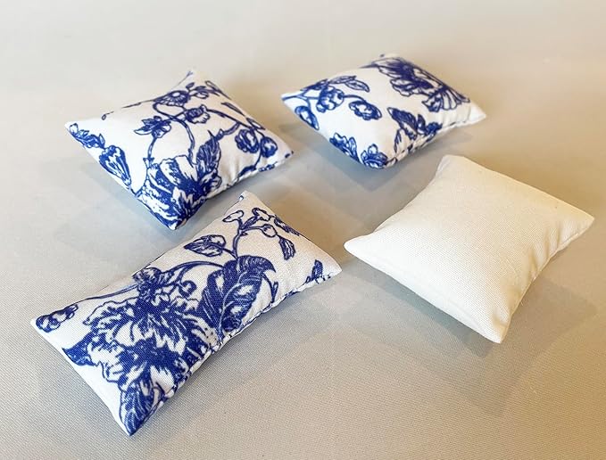Dollhouse Bedding, 5 Piece Set with Comforter & Pillows, Blanket, Realistic Bedroom Accessories for 6 inch Dolls, 1/12 Scale, Blue Flowers and White Cover