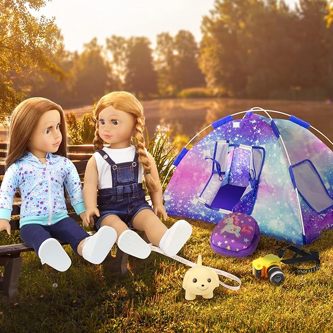 Ecore Fun 5 Items 18 inch Dolls Camping Tent Set and Accessories Including 18 Inch Girl Doll Tent, Sleeping Bag, Backpack, Toy Camera and Dog