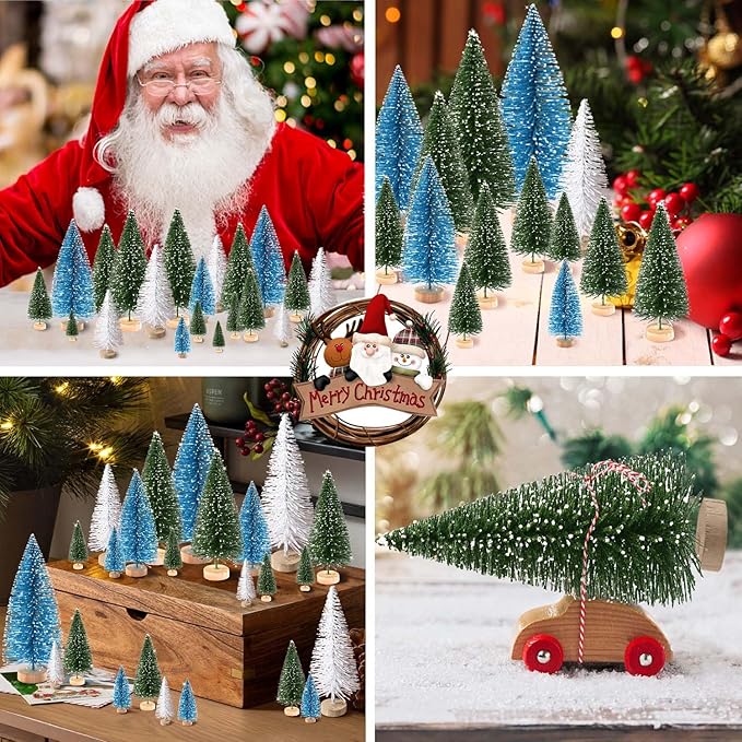 30Pcs Mini Christmas Trees Artificial Christmas Tree Bottle Brush Trees with Wooden Base for Christmas Decor Christmas Party Home Table Craft Decorations(Green+Blue+White)