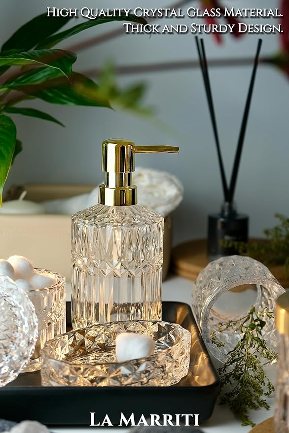 LaMarriti Glass Bathroom Accessories Set, 5pcs Crystal Clear Bathroom Set Accessories, Soap Dispenser, Toothbrush Holder Set, Soap Dish, Tumbler, Qtips Holder for Vintage Bathroom Decor, Gift Set