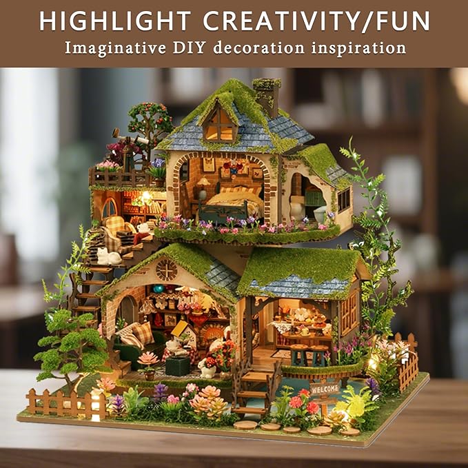 DIY Miniature House Kit, Mini House Building Kit with LED, DIY Miniature Kit for Adults Teen, Dollhouse Kit, Forest Adventure