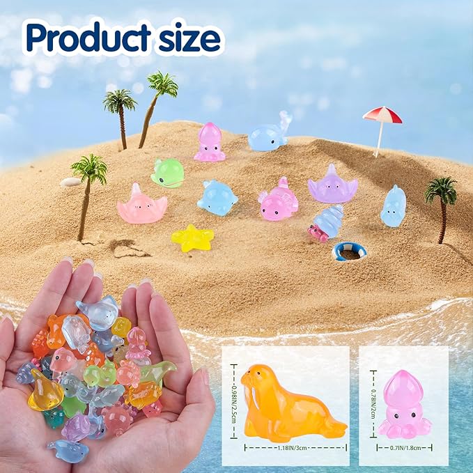 40 Pcs Mini Sea Resin Animals, 40 Styles Luminous Ocean Resin Animals Glow in The Dark Tiny Sea Miniature Figures for Fairy Garden Landscape Dollhouse Accessories Hide Crafts Decor