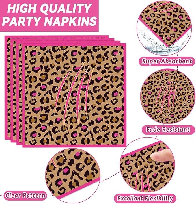96Pcs Leopard Print Party Decorations Hot Pink Cheetah Print Birthday Themed Tableware Safari Animal Plates Napkins Forks Jungle Leopard Dinnerware Supplies for Baby Shower Birthday Serves 24 Guests