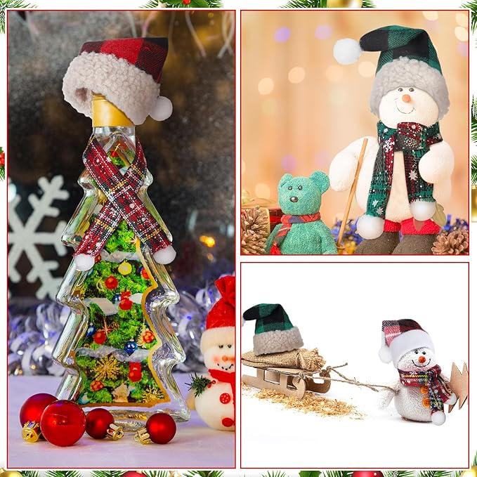 Geyoga 16 Pcs Mini Knit Doll Hat Valentines Day Small Santa Hat for Craft Winter Mini Snowman Hats and Scarf Tree Ornaments Snow Stripe Heart Wine Bottle DIY Decor Gifts