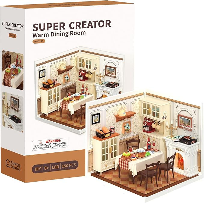 ROBOTIME Super Creator Toy Building Set DIY Miniature House Kit with LED Tiny Room Making Kit Expandable Plastic Craft Toy for Creative Play Home Decor Unique Hobby Gift (Warm Dining Room)