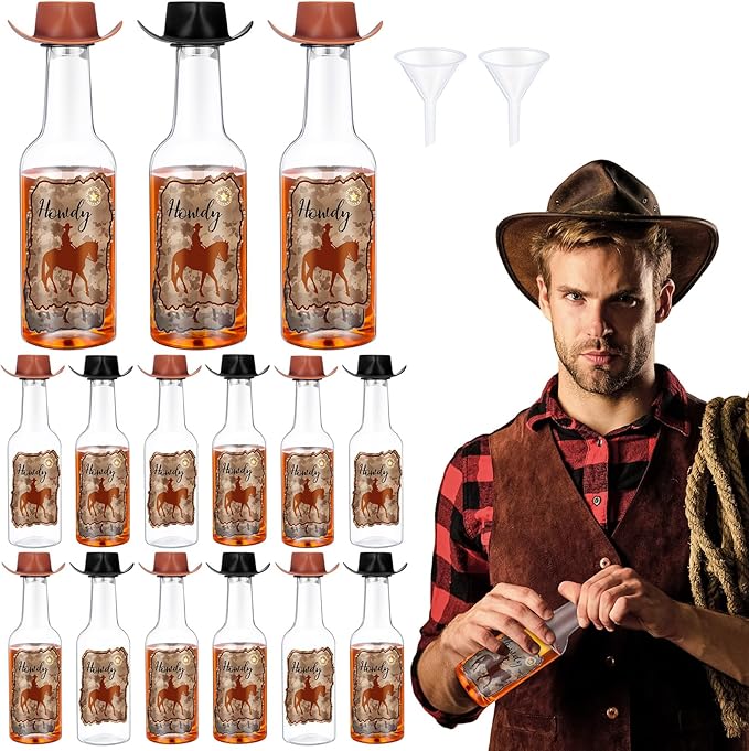 Honeydak 12 Set Mini Cowboy Hats Wine Bottles Western Party Decoration Tiny Cowboy Cowgirl Hat Brown Black Plastic Alcohol Bottles with Funnels for Western Wedding Birthday Bachelorette Favors