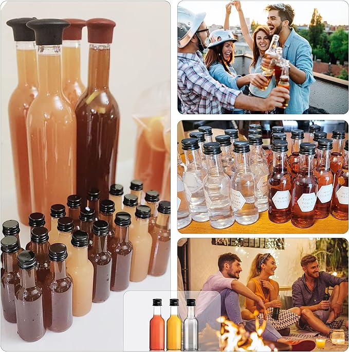 YZXODN 50 Pack 2 oz Mini Liquor Bottles with Labels, Plastic Alcohol Bottles, Airtight Shot Bottles, Little Spirit Bottle with Funnels Black Caps, Hot Sauce Bottle for Cocktail, Party Favors, Weddings