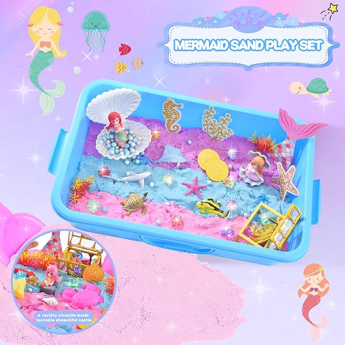 Volmop Sensory Bin for Girl, Play Sand Art Kit with Sandbox, 3.3lb Color Sand, Mermaid Tactile Sensory, Christmas Birthday Gift for Girl Toddler Ages 3-8