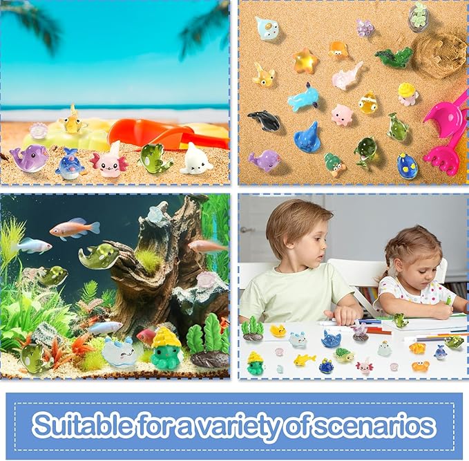 48pcs Mini Ocean Resin Animals Tiny Sea Animals Figurines Marine Miniature Plastic Aquarium Ornaments Decorations for DIY Fish Tank Potted Micro Fairy Garden Dollhouse Accessory