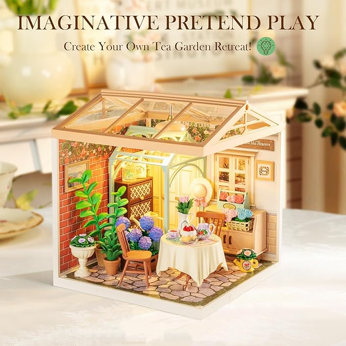 ROBOTIME Super Creator Toy Building Set DIY Miniature House Kit with LED Tiny Room Making Kit Expandable Plastic Craft Toy for Creative Play Home Decor Unique Hobby Gift (Blooming Tea Garden)