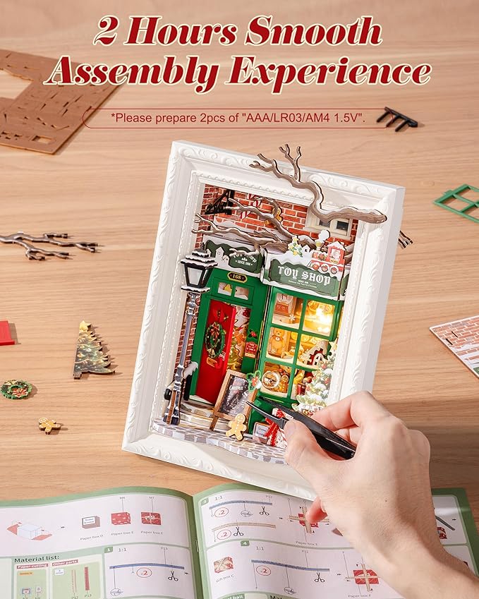 Rolife 3D Diorama Frame, Wall-Mounted Shadow Box & Dollhouse Display Case for & Christmas Decor, Quick-Build Unfinished Kit, Halloween Memorial Gift for Families (Santa's Toy Shop)
