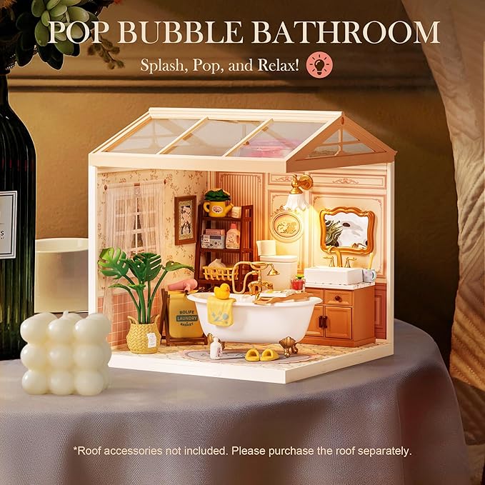 ROBOTIME Super Creator Toy Building Set DIY Miniature House Kit with LED Tiny Room Making Kit Expandable Plastic Craft Toy for Creative Play Home Decor Unique Hobby Gift (Pop Bubble Bathroom)