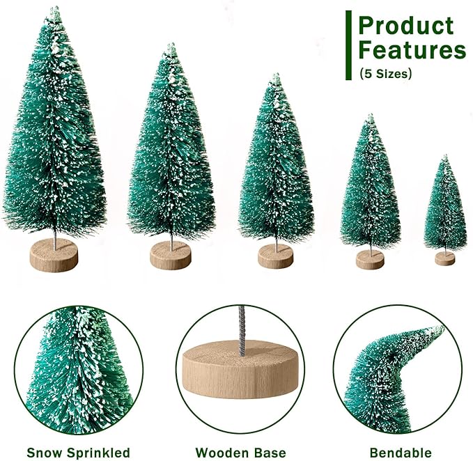 30Pcs Mini Christmas Trees - Artificial Christmas Tree Bottle Brush Trees,Sisal Snow Trees with Wooden Base for Christmas Decor Party Home Table Craft Decorations(Green)