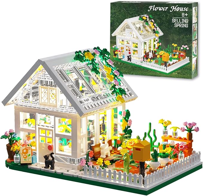 LEGPS YYDS Flower House Building Mini Set with LED, City Street View Greenhouse Building Blocks Toy, Valentine Xmas Gift for Friends or Girls 8-12 Year
