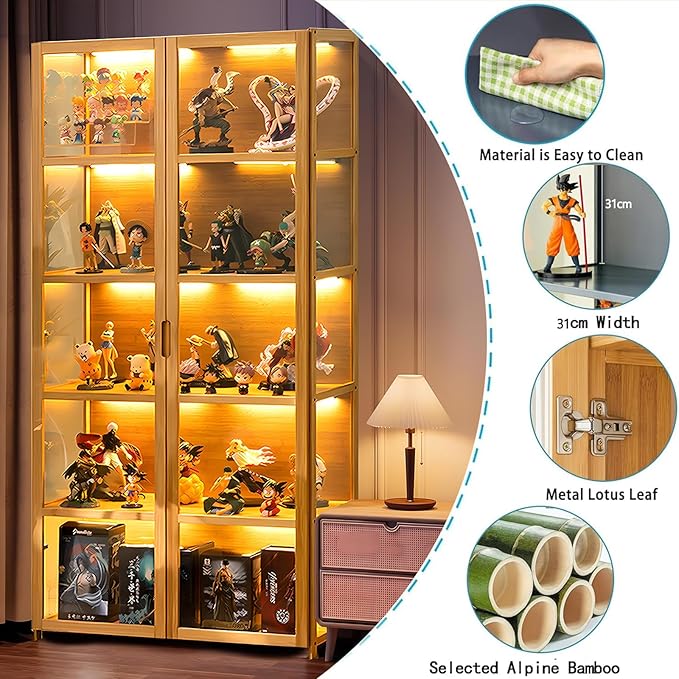 Display Cabinet with Acrylic Glass Doors, Tall Storage Cabinet with Adjustable Shelves, 5 Tier Curio Cabinet&Bookcase for Collectibles, Toys, Books, for Kids Playroom, Bedroom, Study Room