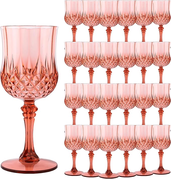 LEYIQU Plastic Wine Glasses, Plastic Goblets Vintage Style Cordial Drinking Glasses for Valentine’s Day, Wedding Reception, Grand Event Party Supplies (24, Rose Gold)