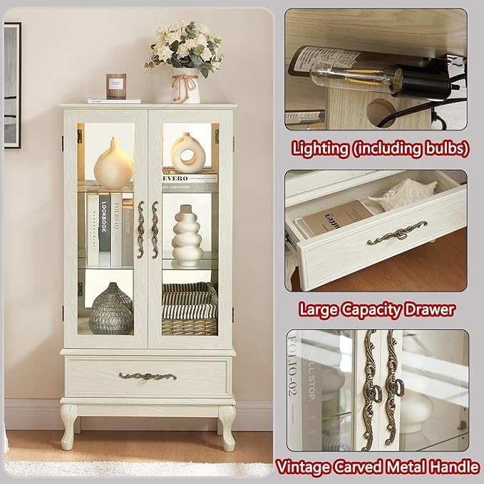 51"H Lighted Curio Display Cabinet with 2 Doors & 1 Drawer, Wooden Glass Curio Showcase w/ Adjustable Shelves & Mirrored Back Panel, Storage Cabinet Display Case for Living Room(Antique White)