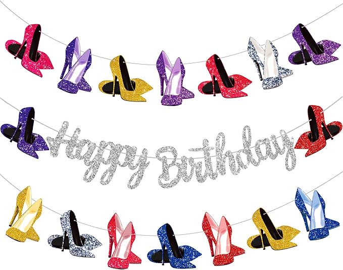 High Heel Shoes Banners Bridal Shower Engagement Party Decor Heel Birthday Party Decorations Silver Glitter High Heels Happy Birthday Banners for Girls Ladies Bridal Shower Supplies