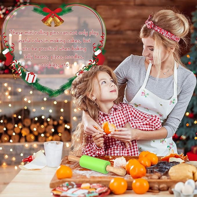 10 Pcs Small Rolling Pin Kids 9 Inch Mini Rolling Pin Silicone Wooden Cooking Pins Baking 5 Colors Non Stick Kids with Wooden Handle for Christmas Kitchen Dough Cookie Pastry Fondant Cake