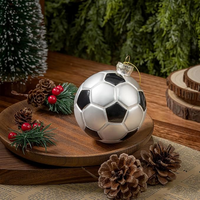 3.15” Christmas Soccer Ball Glass Blown Ornament, 2025 Hand-Painted Small Mini Sports Ball Decoration for Boys and Girls, Xmas Tree Holiday Decor Kids Themed Party Gifts