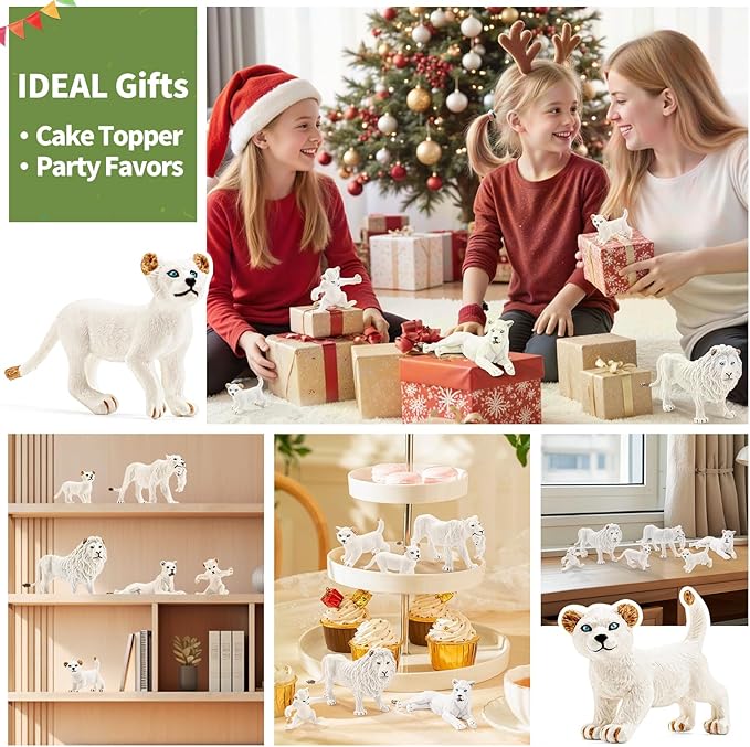 6PCS White Lion Toys Figurines Pride, African Jungle Animals Lion Family, Realistic Zoo Animal Toys, Preschool Toy Birthday Gift Cake Toppers for Kids Boys Girls