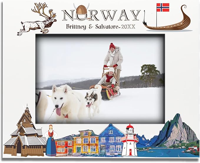 BELLA BUSTA-Personalized Europe Travel Picture Frame– Custom Print Photo Frame with City & Country-Honeymoon, Vacation, Adventure, Favor Keepsake (Norway (5x7 Horizontal))