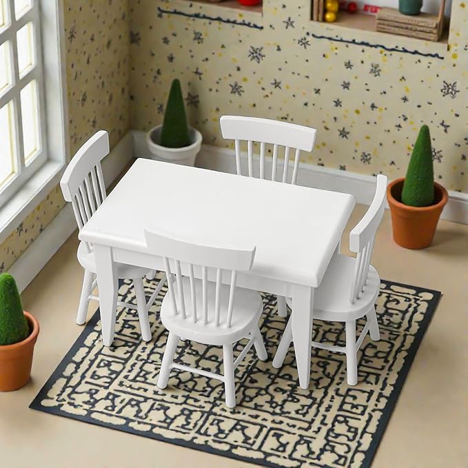 Miniature Dollhouse Dining Table and Chairs – Set 5pcs 1/12 Scale for Doll House, White Wooden Furniture Model, Mini Classic Decoration Accessories DIY Hobby Gift for Kitchen, Breakfast Room